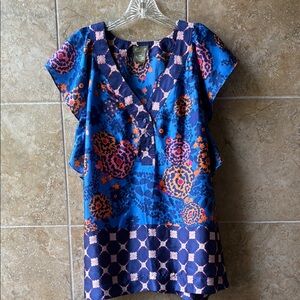 Anthropologie Fei Patchwork Floral Print Blouse Flutter Sleeves Tunic Top Size M